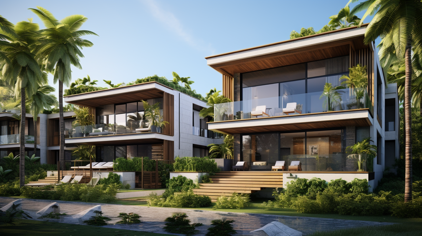 Contemporary multi-story residential complex with green roofs